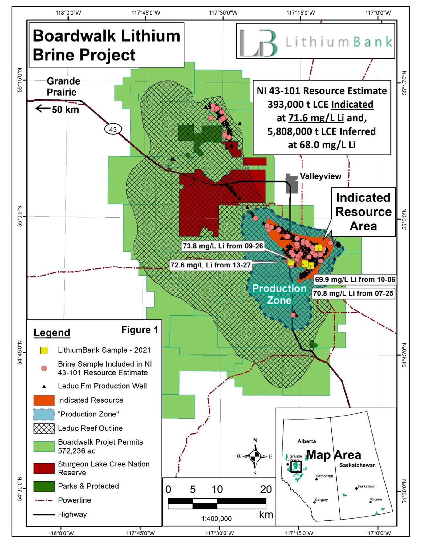 Indicated Resource area and Proposed “Production Zone” from LithiumBank’s Boardwalk Lithium Brine Project.